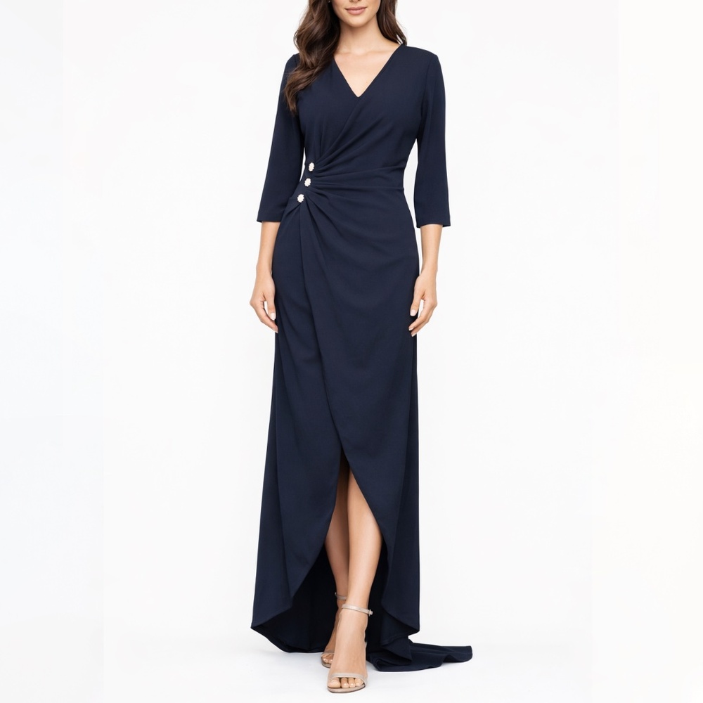 Calvin Klein - Ruched Rhinestone-Button Gown - Picture 1 of 11